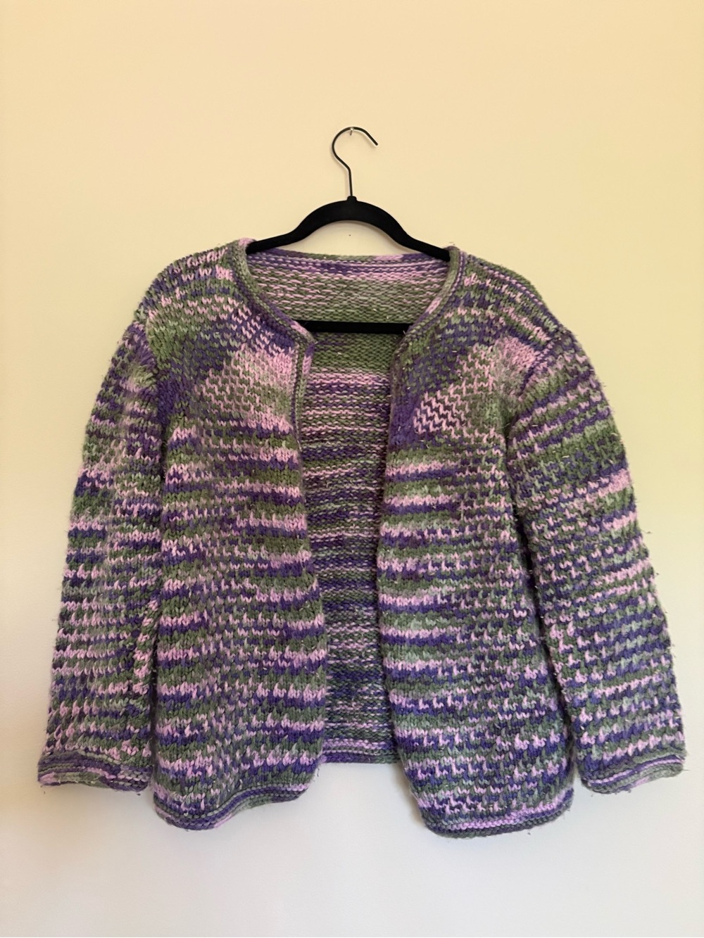 Open-Front Chunky Knit Sweater Cardigan - Purple & Green